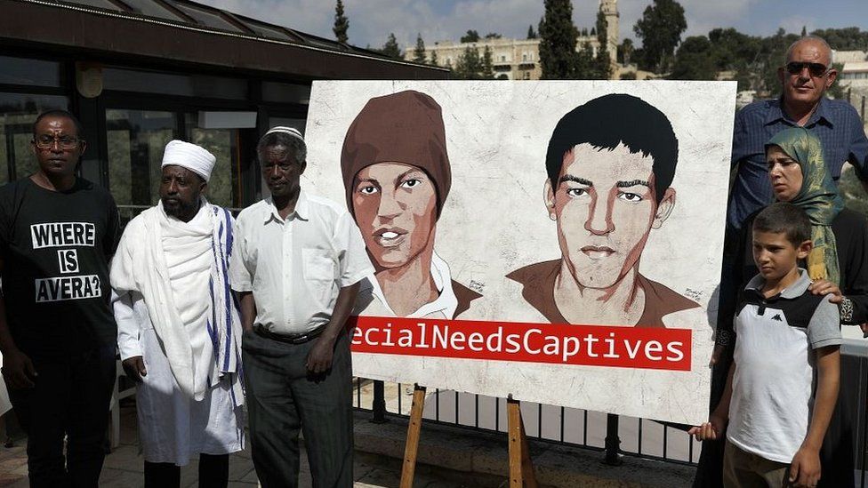 Relatives of Hamas hostages Avera Mengistu and Hisham al-Sayed campaigning for their release in Jerusalem, 6 Sep 18
