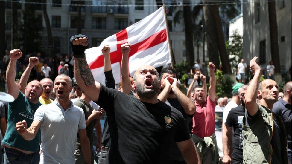 Anti-LGBT protesters shout during a demonstration in Tbilisi