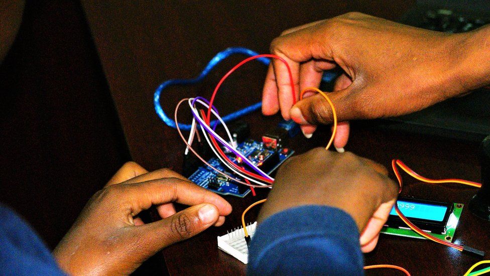 Close up of wiring at the headquarters of the Stem Impact Centre in Nairobi, Kenya
