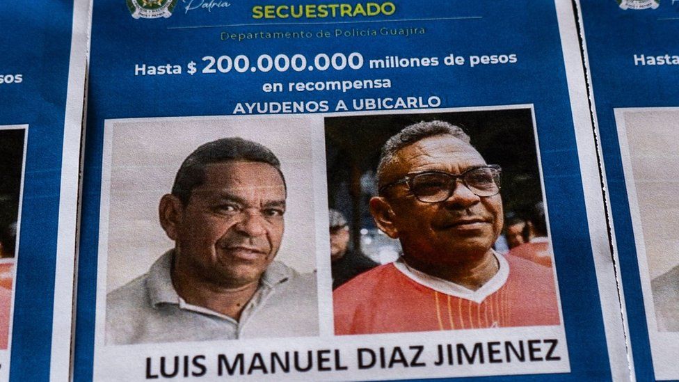 View of pamphlets asking for information about the whereabouts of the father of Liverpool's Colombian forward Luis Diaz in Barrancas, Colombia on November 1, 2023.