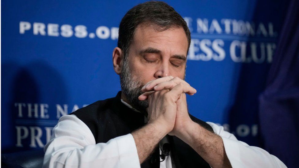 Indian opposition leader Rahul Gandhi pauses while listening to a question at the National Press Club on June 1, 2023 in Washington, DC.