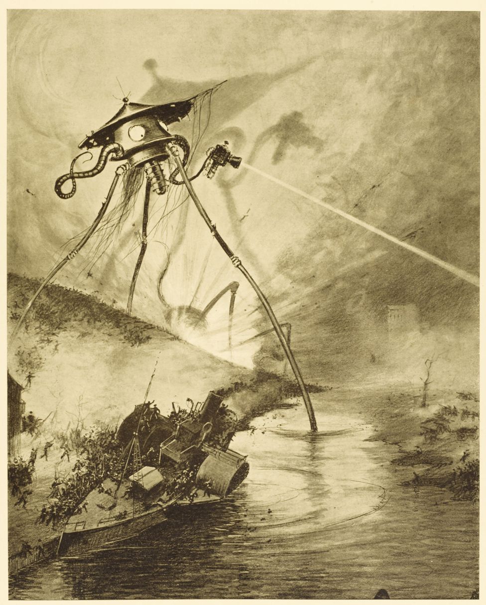 Illustration from 1906 French edition of War of the Worlds showing the tentacled alien ships