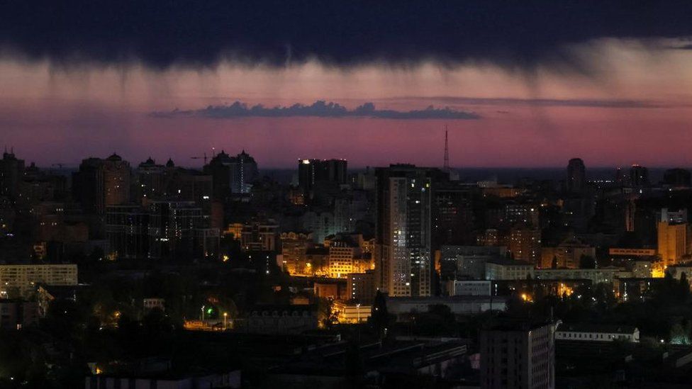 A view shows the Ukrainian capital at dawn during an air raid alert