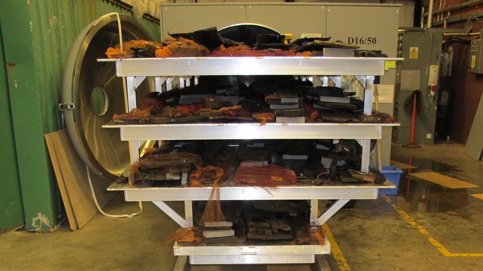 Planks of Newport Ship oak is freeze dried
