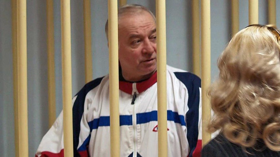 A photo dated 09 August 2006 shows Sergei Skripal talking from a defendants cage to his lawyer during a hearing at the Moscow District Military Court in Moscow, Russia (issued 06 March 2018).