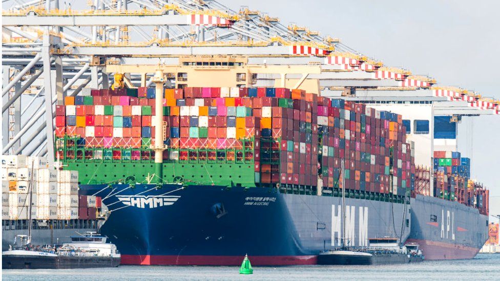 The largest container vessel in the world, the HMM Algeciras is moored at the Amaliaport of Rotterdam on June 3, 2020 in Rotterdam, The Netherlands.