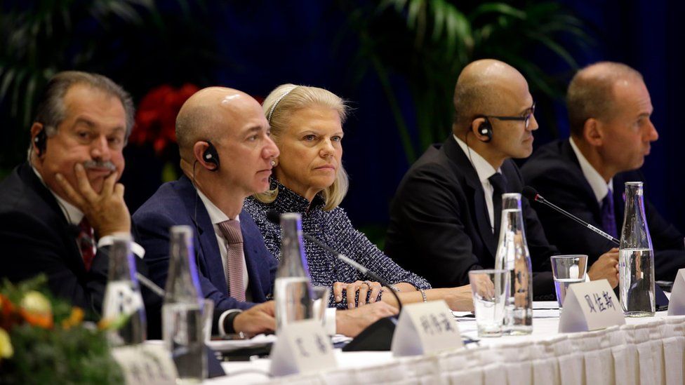 Andrew Liveris, CEO of Dow Chemical, Jeff Bezos, CEO of Amazon, Virginia Rometty CEO of IBM, Satya Nadella CEO of Microsoft and Dennis Muilenburg CEO of Boeing listen as Chinese President Xi Jinping speaks at a U.S.-China business roundtable