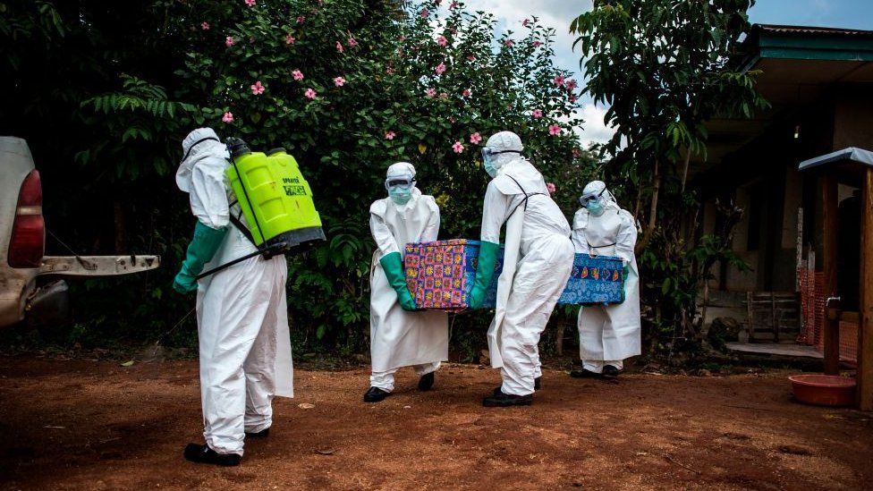 Health workers remove the body of a suspected Ebola victim in North Kivu province, DR Congo