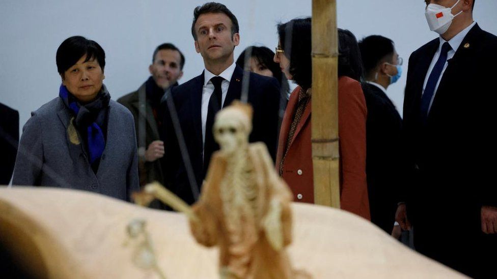 French President Emmanuel Macron visits the Red Brick Museum in Beijing, China April 5, 2023.