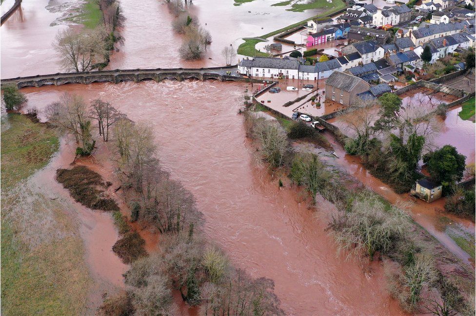 An aerial view of the Welsh village of Crickhowell which was cut off as the river Usk bursts its banks at Crickhowell bridge near the Bridge End Inn on 16 February 2020 in Crickhowell, Wales.