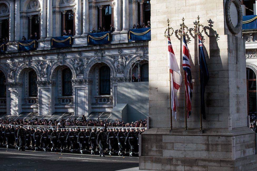 The veterans march past the Cenotaph