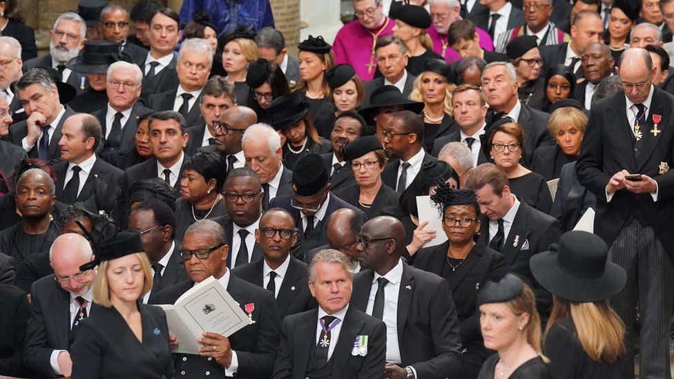 International heads of state and dignitaries seated at the State Funeral of Queen Elizabeth II, held at Westminster Abbey
