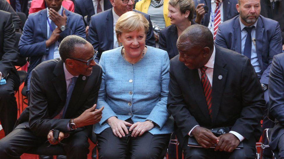 President of the Republic of Rwanda, Paul Kagame, German Chancellor Angela Merkel and President of the Republic of South Africa Matamela Cyril Ramaphosa attend the G20 Investment Summit
