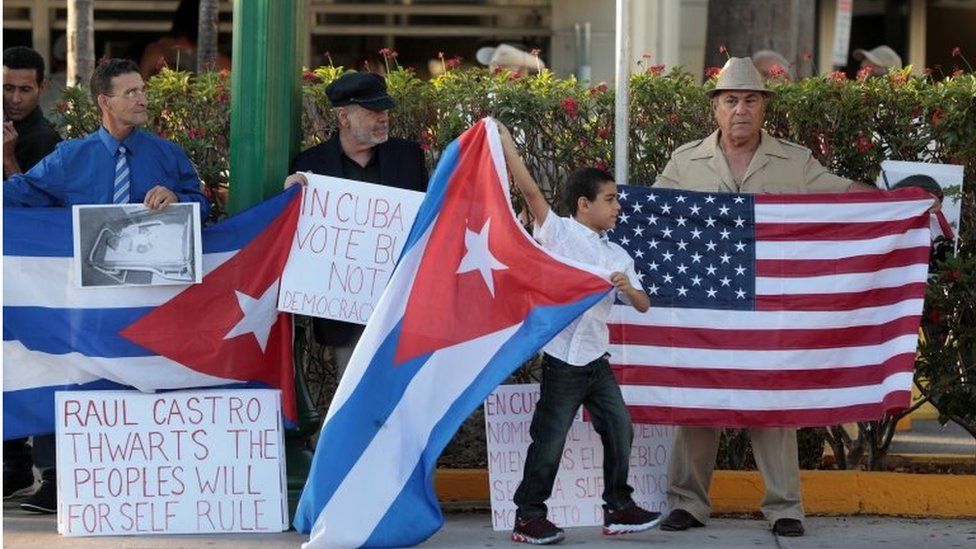 Cuban Americans protest Raul Castro leaving office as Cuba's president and Miguel Diaz Canel named as the new president, in Little Havana neighbourhood in Miami, Florida, U.S., April 19, 2018.