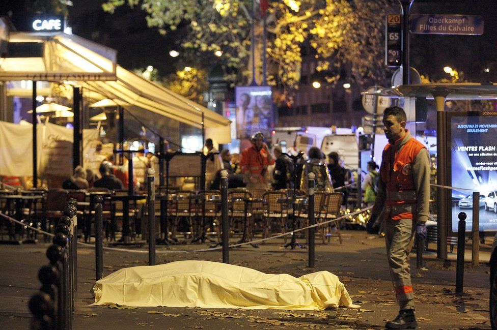 A victim's body lies covered on Boulevard des Filles du Calvaire, close to the Bataclan theatre, Paris