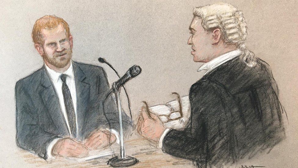 Court sketch of Andrew Green KC, the barrister representing MGN cross-examining Prince Harry