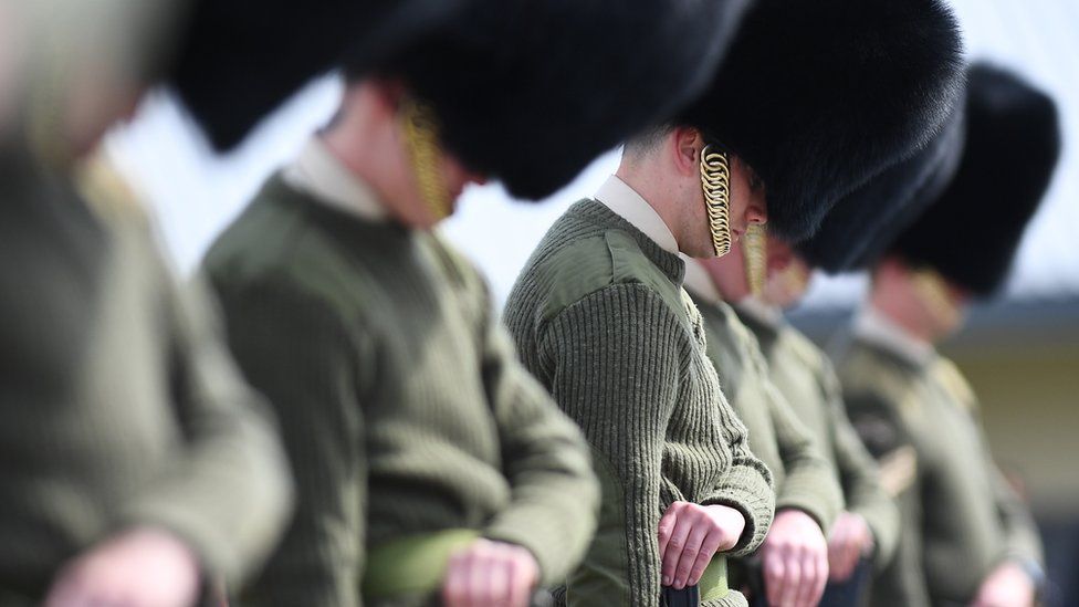 Soldiers from the Welsh Guards rehearsing for the Duke of Edinburgh's funeral on the Drill Square at the Army Training Centre Pirbright in Woking
