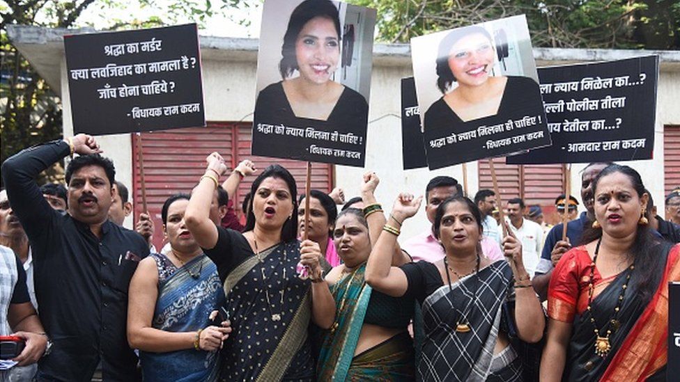 BJP party workers in Mumbai protest on November 15, 2022 against Sharaddha Walkar's murder