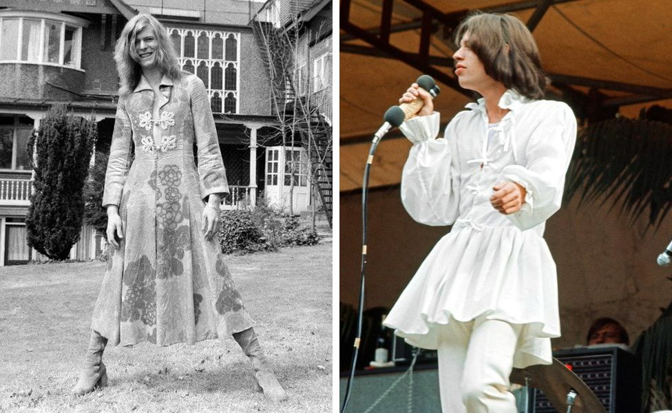 David Bowie in 1971 wearing a dress, and Mick Jagger wearing a dress at a concert at Hyde Park in 1969