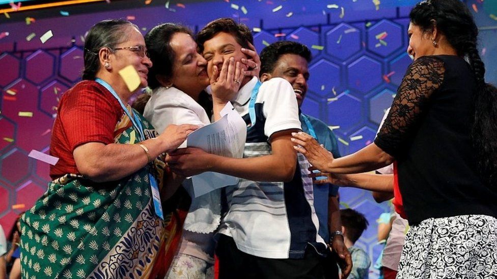 Co-champion Jairam Jagadeesh Hathwar (C) and family members celebrate after final round at the 89th annual Scripps National Spelling Bee at National Harbor in Maryland U.S. May 26, 2016.