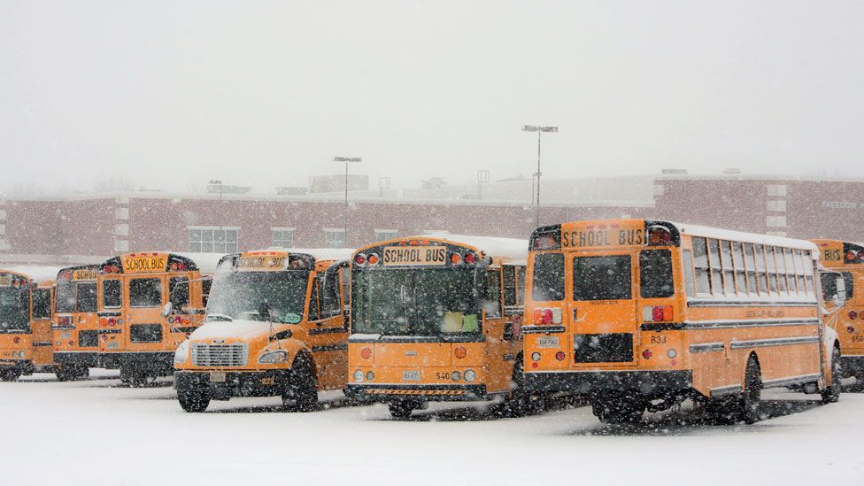 School buses in the snow
