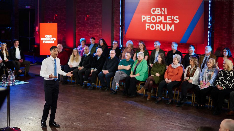 British Prime Minister Rishi Sunak participates in the GB News People's Forum in County Durham, Britain, February 12, 2024, in this still courtesy of GB news/Matt Pover.