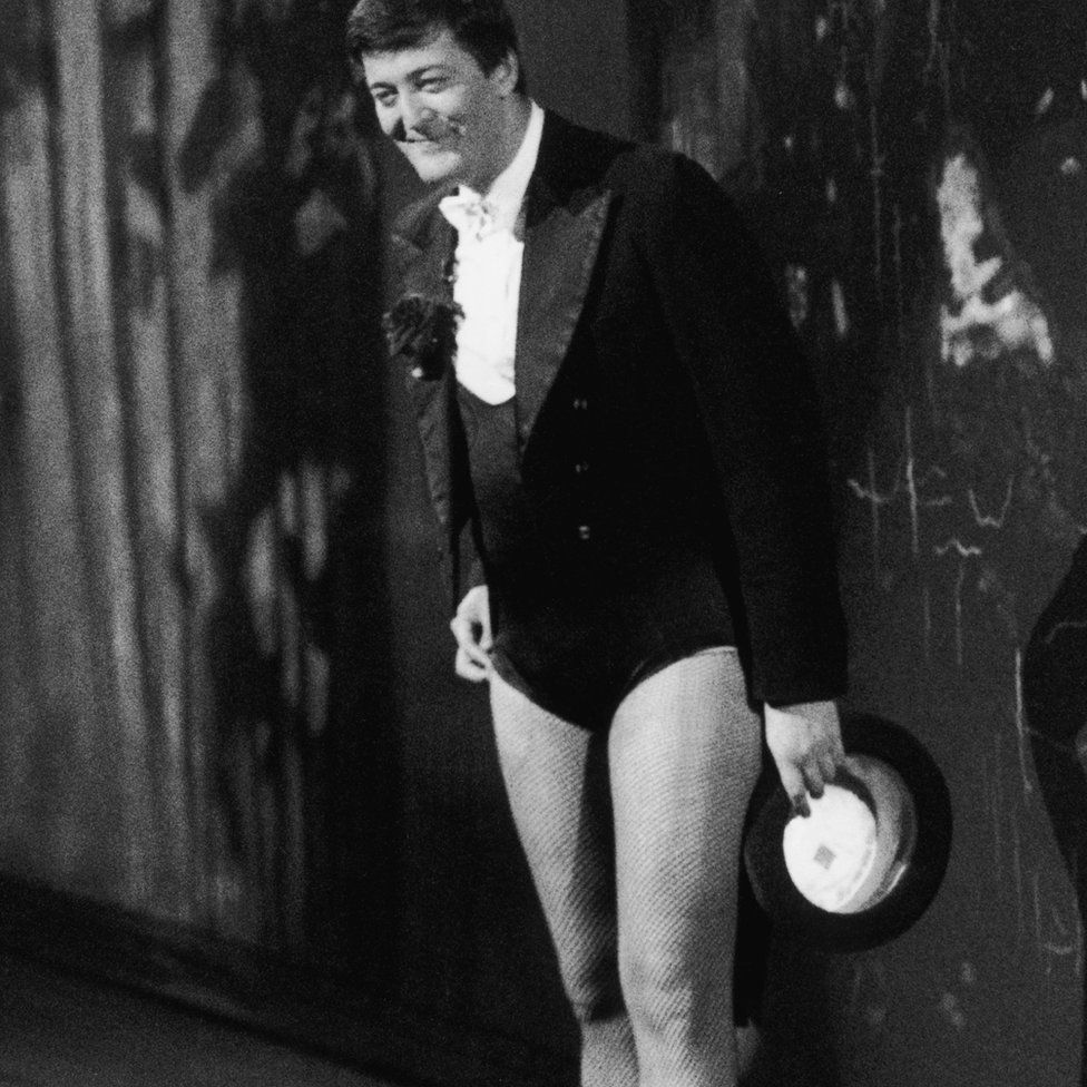 English comic Stephen Fry hosts the comedy revue 'Hysteria 3' in support of the Terrence Higgins Trust, 1991