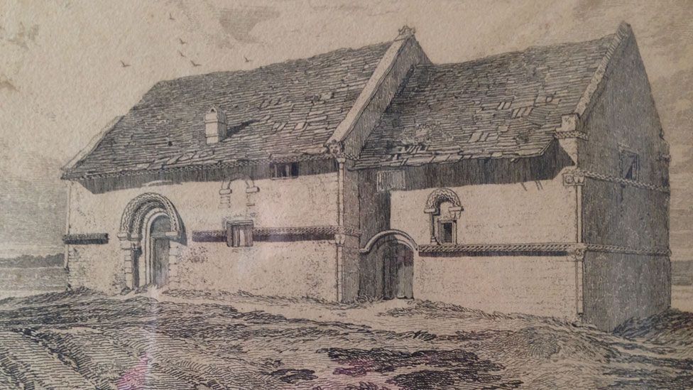 A line drawing of the Cambridge Leper Chapel in 1818 showing tiles falling off the roof, a chimney and rough ground in front