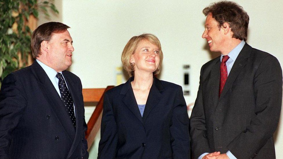 Tony Blair (right) and then Deputy Prime Minister John Prescott with Labour's first female general secretary Margaret McDonagh, Baroness McDonagh