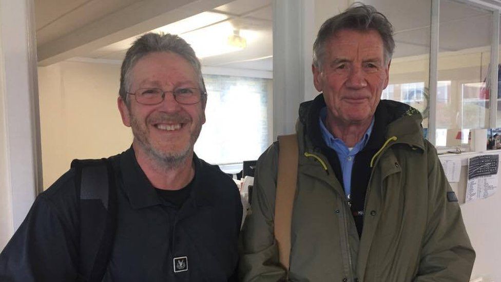 Peter Young (left) after Michael Palin in the Falklands in March