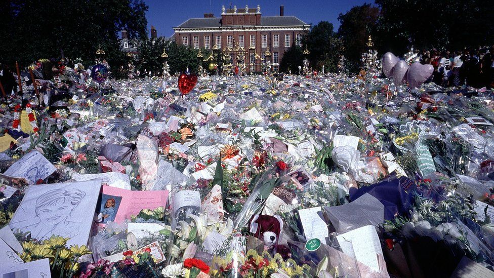 Floral tributes outside Kensington Palace following the death of Princess Diana