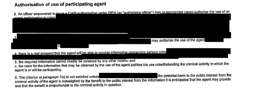 A redacted document showing policy guidance governing how MI5 can authorise its agents to commit crimes
