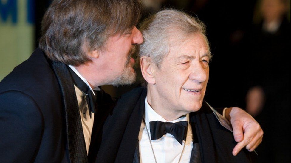 Stephen Fry and Sir Ian McKellen at the premiere for The Hobbit: An Unexpected Journey in Leicester Square on December 12, 2012