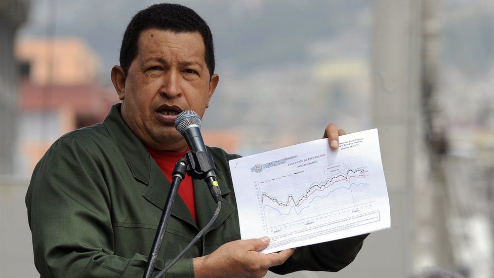 Venezuelan President Hugo Chavez shows a chart of international oil prices, in Quito on March 26, 2010.