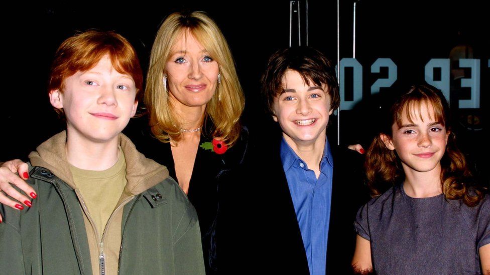 Rupert Grint, JK Rowling, Daniel Radcliffe and Emma Watson at the premiere of Harry Potter and the Philosopher's Stone in 2001