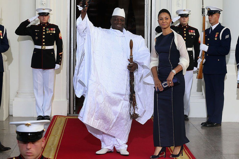 The Gambia President Yahya A.J.J. Jammeh and spouse Zineb Jammeh, arrive at the North Portico of the White House for a State Dinner on the occasion of the U.S. Africa Leaders Summit, August 5, 2014