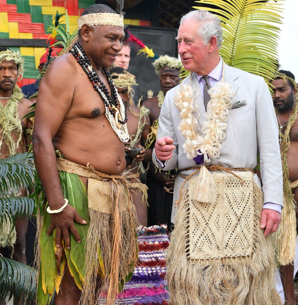 Prince Charles visits the Chief's Nakamal in Vanuatu