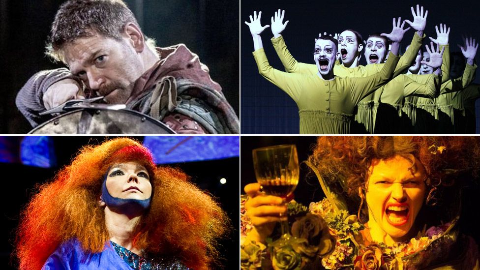Clockwise from top left: Sir Kenneth Branagh in Macbeth, The Life and Death of Marina Abramovic, Maxine Peake in The Skriker, Bjork