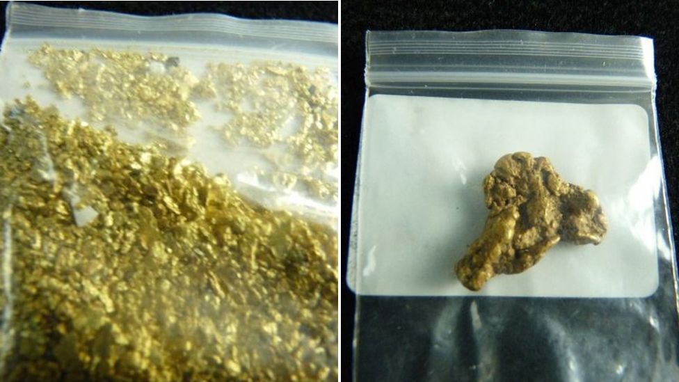 Bags of gold dust and gold nuggets