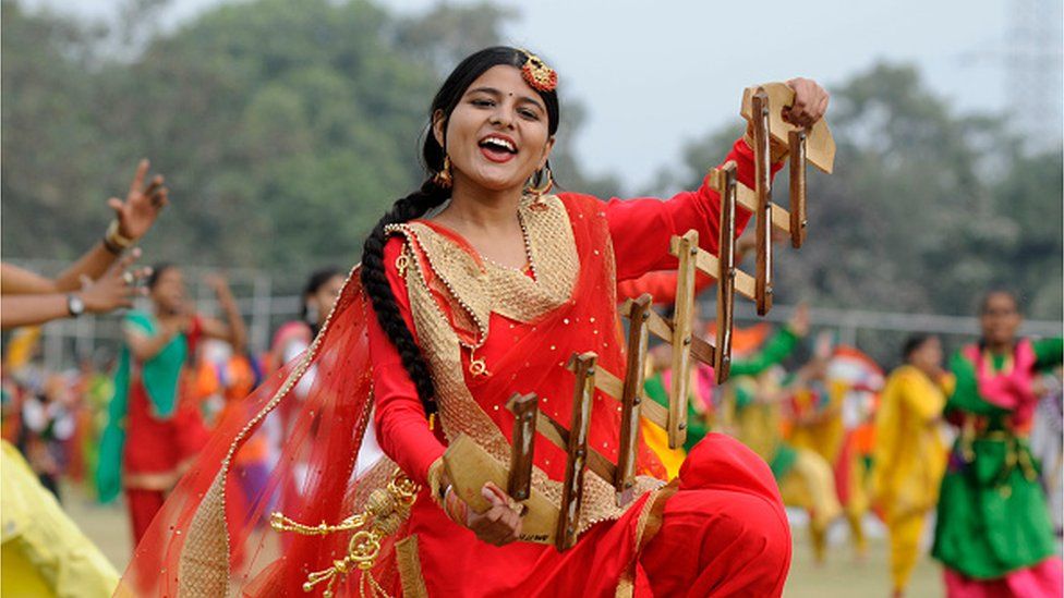 Students of Government senior secondary school kadipur perform the Punjabi dance during the full dress rehearsal of the 74th republic day parade at Tau Devi Lal Stadium sector-38 near Rajiv chowk, on January 24, 2023 in Gurugram, India