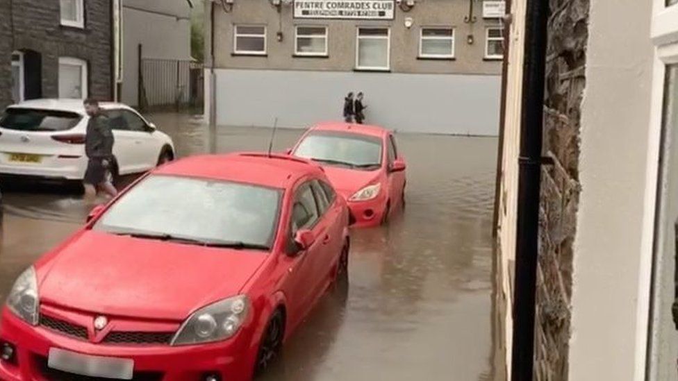 Pentre has been struck by flooding following rain on Wednesday