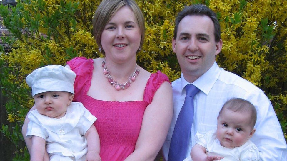 Matthew and Phoebe Betts as babies with their mum and dad Sarah and Shaun