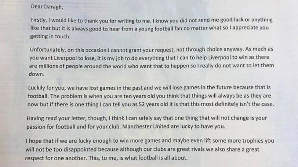 Liverpool manager Jurgen Klopp wrote a letter to 11-year-old fan about ...