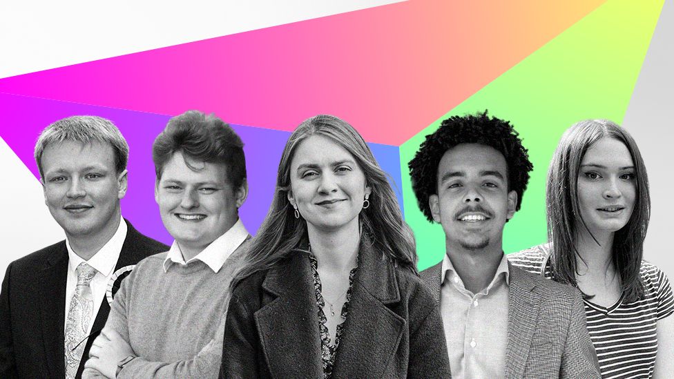 Graphic showing five young candidates who are standing in the general election. From L-R: Ross Clark, Luke Holmes, Martha O'Neil, Pedro Da Conceicao, Rebecca Jones   