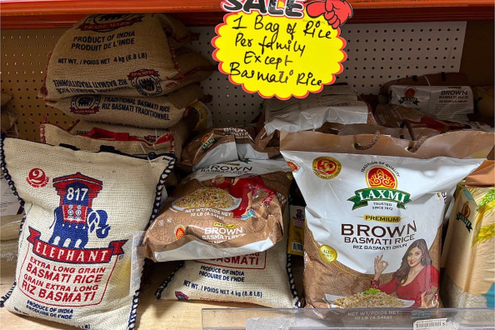 Purchase limits imposed bags or rice of at an Indian grocery store in Toronto, Ontario, Canada, on July 27, 2023. Shortages of non-basmati rice caused by rains and drought in rice-producing regions of India have sent prices soaring in the country.