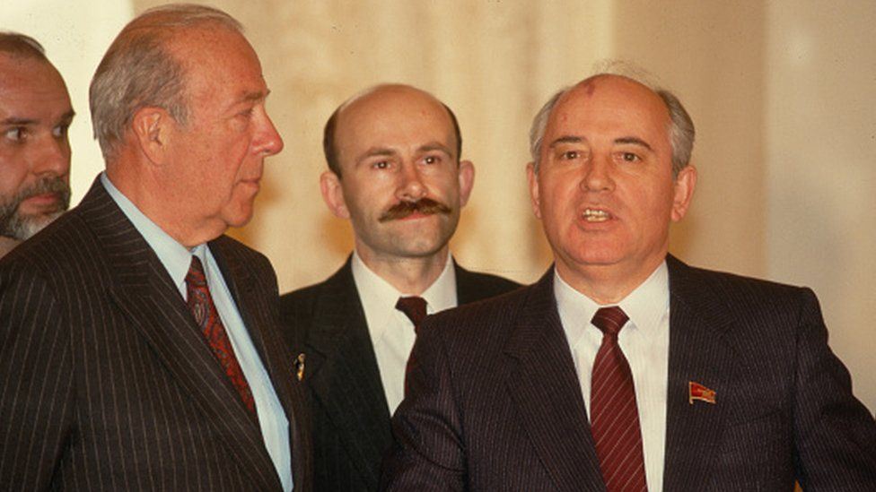 Soviet leader Mikhail Gorbachev meets with American Secretary of State George Schultz in Moscow