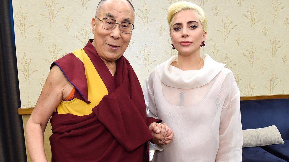INDIANAPOLIS, IN - JUNE 26: (Exclusive Coverage) Lady Gaga (R) joins his Holiness the Dalai Lama (L) to speak to US Mayors about kindness at JW Marriott on June 26, 2016 in Indianapolis, Indiana.