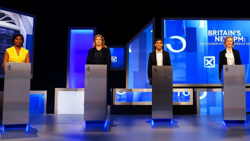 Kemi Badenoch, Penny Mordaunt, Rishi Sunak, and Liz Truss on stage during the Channel 4 Tory leadership debate