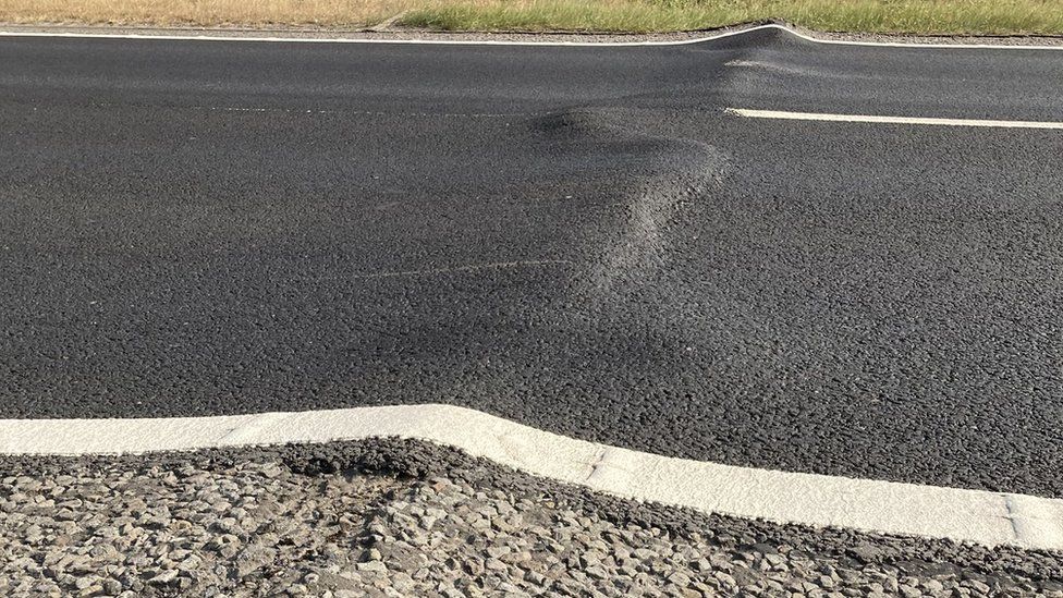 A damaged road, the A14 in Cambridgeshire