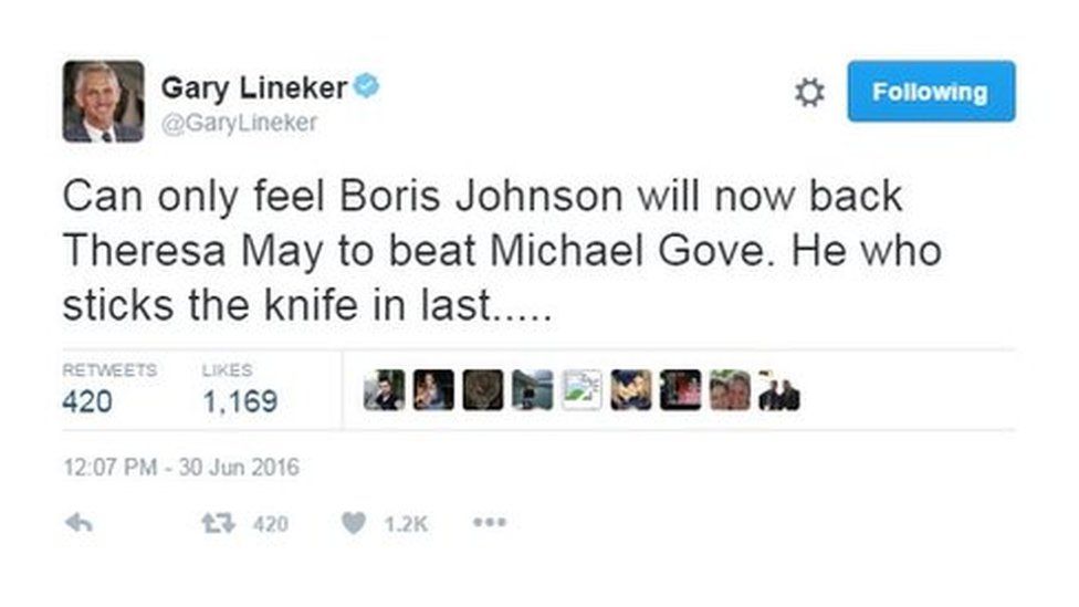 Tweet reads: "Can only feel Boris Johnson will now back Theresa May to beat Michael Gove. He who sticks the knife in last....."